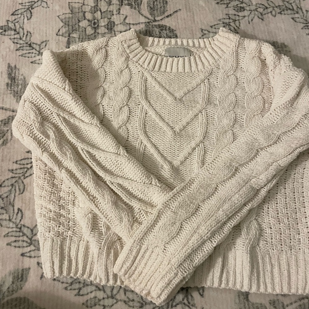 Pink Rose Cream Cable Knit Sweater